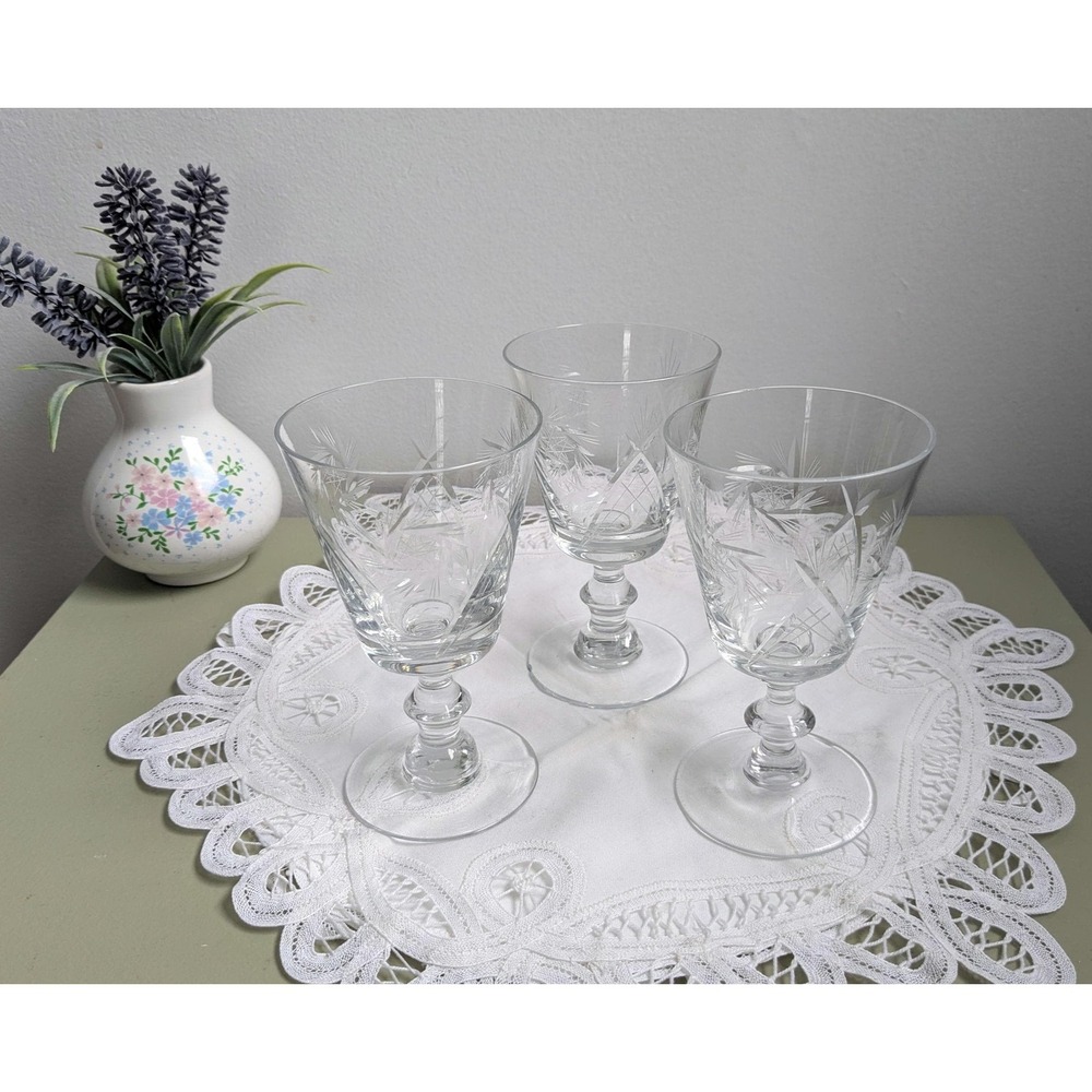 Set of 3 Vintage Crystal Wine Glasses, Pinwheel Cut Stemware, Etched Glass
